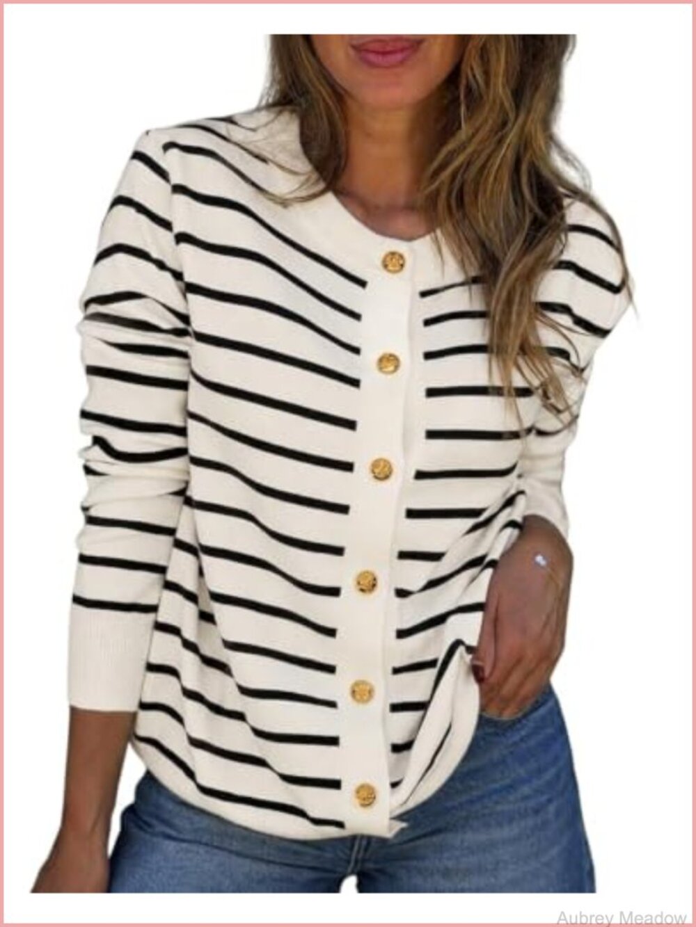 Striped Knit Cardigan Crewneck Button Down Sweater